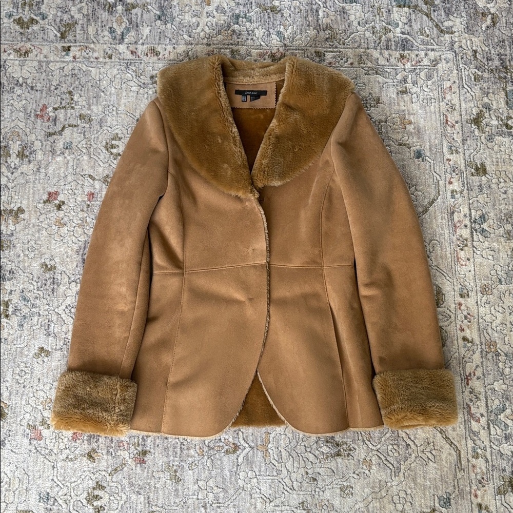 Tan Soft Suede-Like Jacket with Faux Fur Trim
